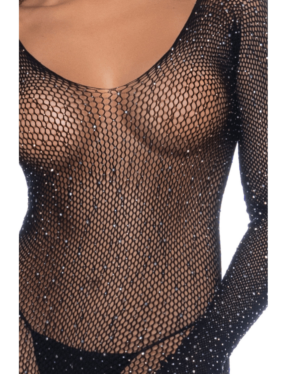 Combinaison noire en résille ornée de strass - MAL1131BKRH Mapalé 