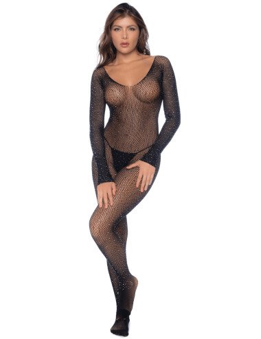 Combinaison noire en résille ornée de strass - MAL1131BKRH Mapalé 