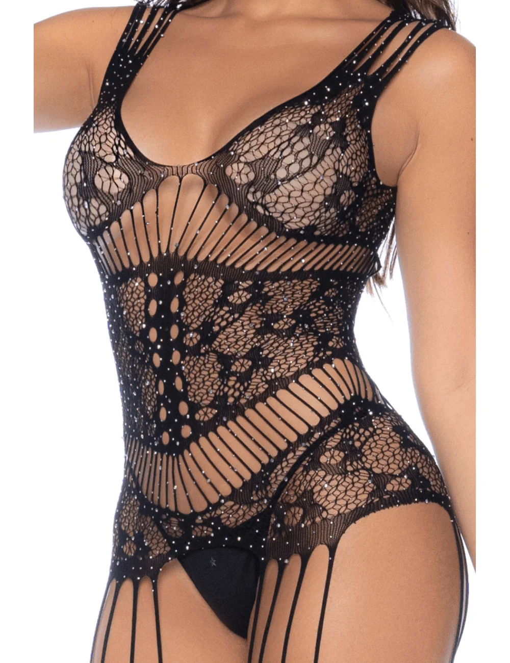 Combinaison noire en résille avec strass - MAL1132BKRH Mapalé 