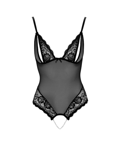 Body string en dentelle et résille noire avec perles à l\'entrejambe - Aline COTTELLI & DIVERS 