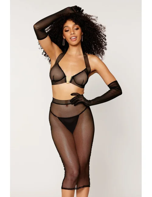 Ensemble 2 pièces, soutien gorge et jupe longue transparente noir Dreamgirl