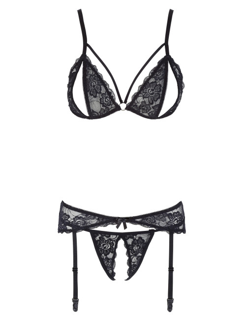 Ensemble trois pièces avec soutien-gorge fendu, porte-jarretelles et string noir COTTELLI & DIVERS 