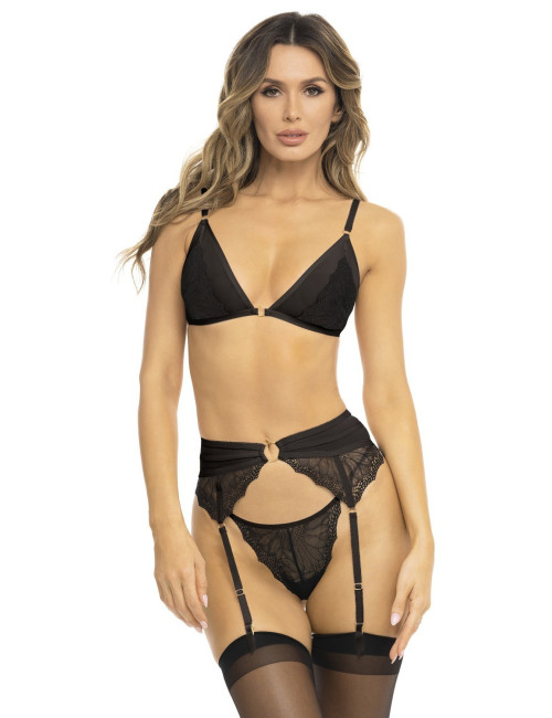 Ensemble 3 pièces noir, soutien gorge, porte jarretelles et string René Rofé 