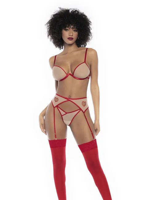 Ensemble lingerie sexy trois pièces chair et rouge Mapalé