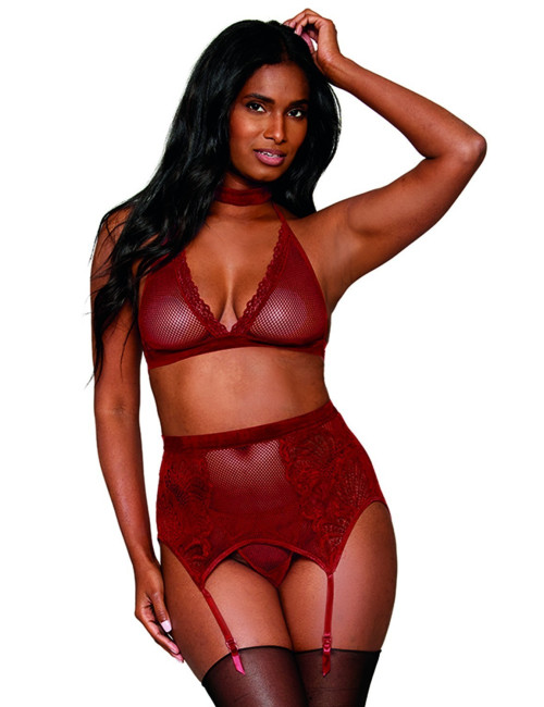 Ensemble 4 pièces soutien gorge, tour de cou, string et porte jarretelles rouge - DG11776GAR Dreamgirl 