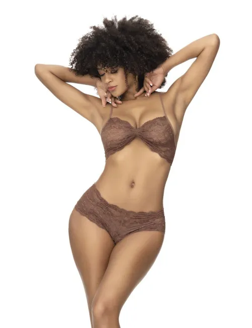 Ensemble 2 pièces, top et tanga en dentelle couleur cacao Mapalé 