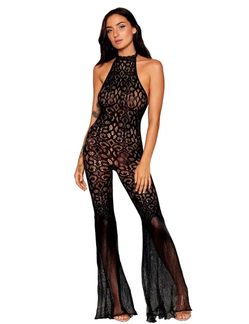 bodystocking en dentelle au crochet sans couture et résille noire - DG0468BLK Dreamgirl